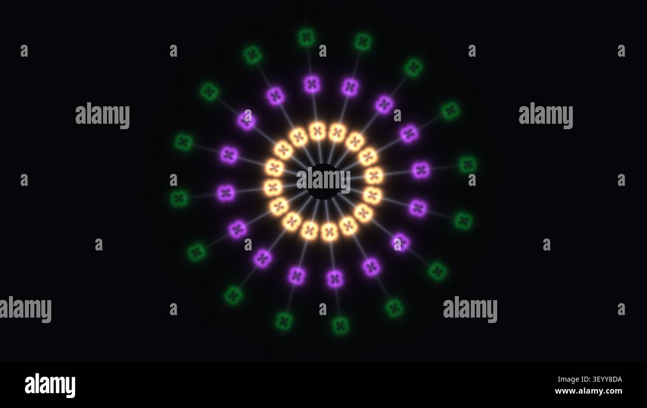 Eine kreisförmige Anordnung heller Lichter in verschiedenen Farben auf dunklem Hintergrund. Die Lichter erzeugen ein lebendiges und auffälliges Design, das Anziehungspunkt ist Stockfoto