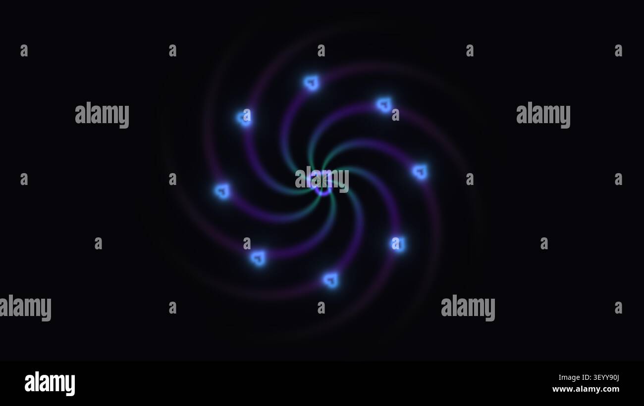 Das Design zeigt ein spiralförmiges Muster mit leuchtend blauen Formen, die in einem kreisförmigen Format vor einem dunklen Hintergrund angeordnet sind. Die Lichter sorgen für einen Hingucker Stockfoto