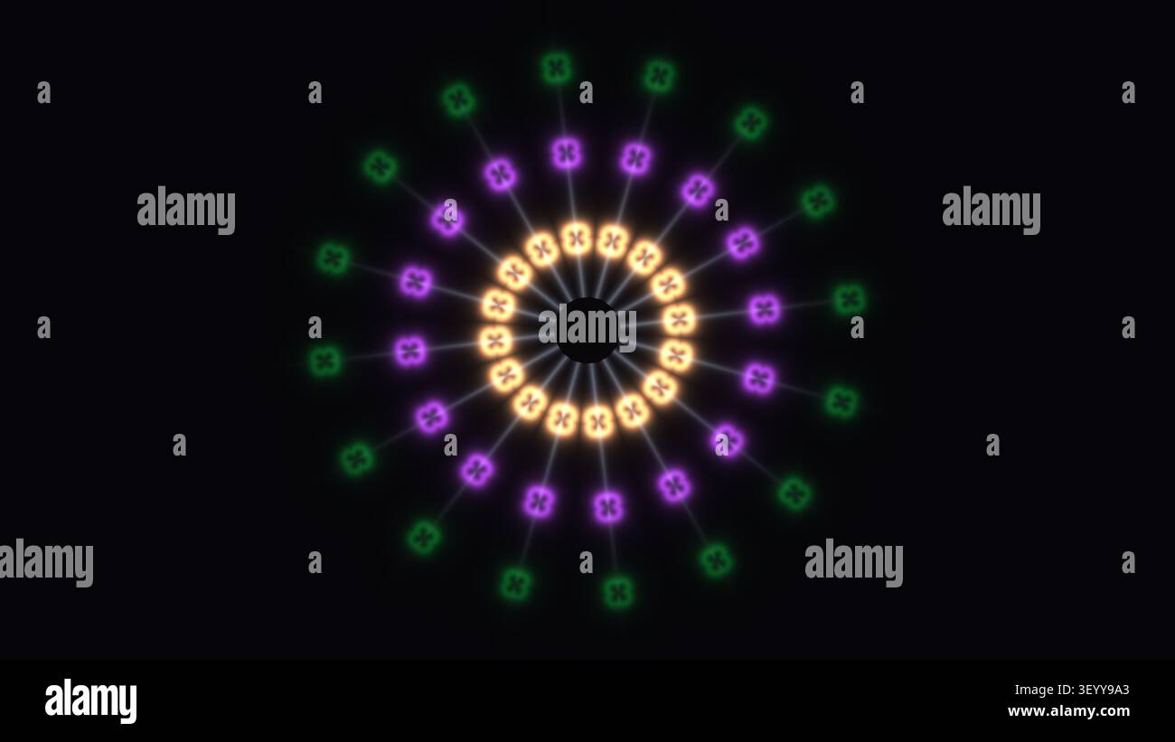 Eine kreisförmige Anordnung heller Lichter in verschiedenen Farben auf dunklem Hintergrund. Die Lichter erzeugen ein lebendiges und auffälliges Design, das Anziehungspunkt ist Stockfoto