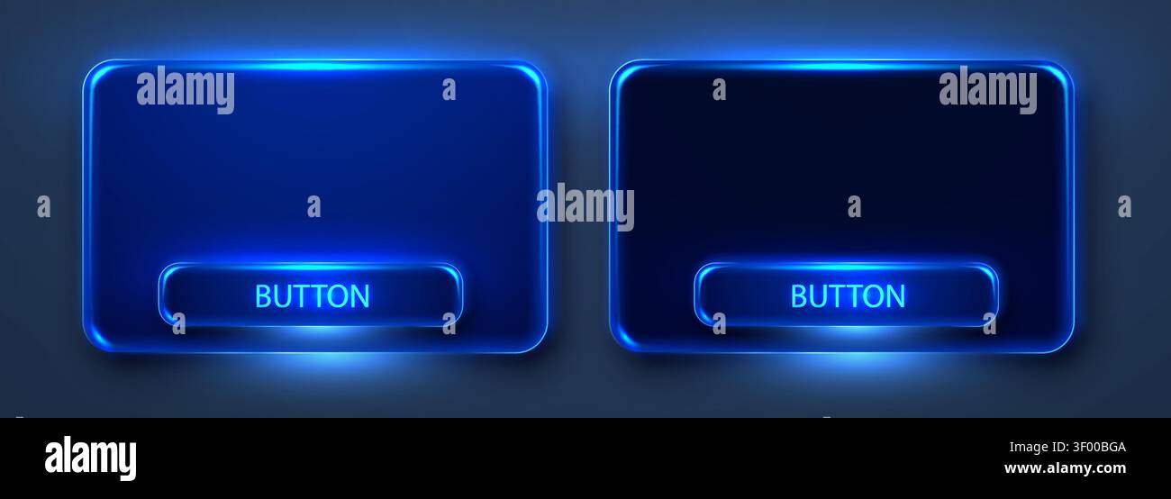 Neonblaues Glas-Knopfset mit leuchtendem Lichteffekt für Webinterface-Design. Vektorabbildung Stock Vektor