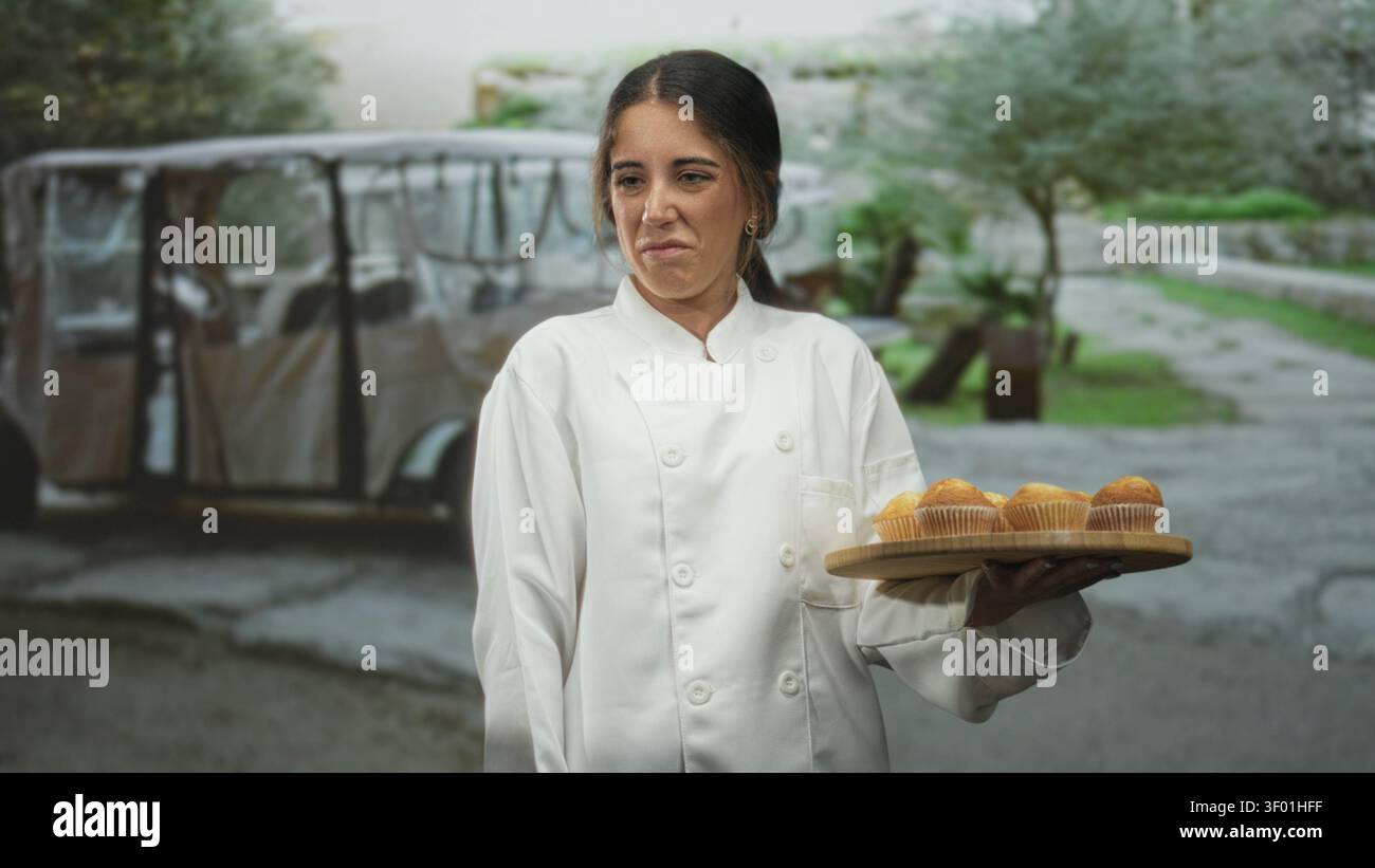 Die Chefkochin hält auf der Straße in der Nähe von Parkwagen und Bäumen ein hölzernes Tablett mit Muffins und grimmigem Gesicht. Stockfoto