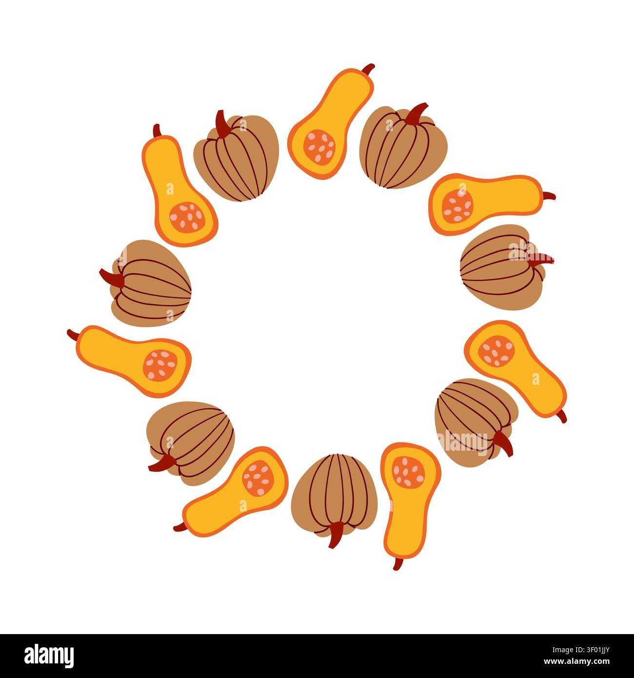 Herbst Kürbiskranz Illustration in einfacher Hand gezeichneter Art, flacher Vektor runder Kürbisrahmen isoliert auf weißem Hintergrund für Thanksgiving Stock Vektor