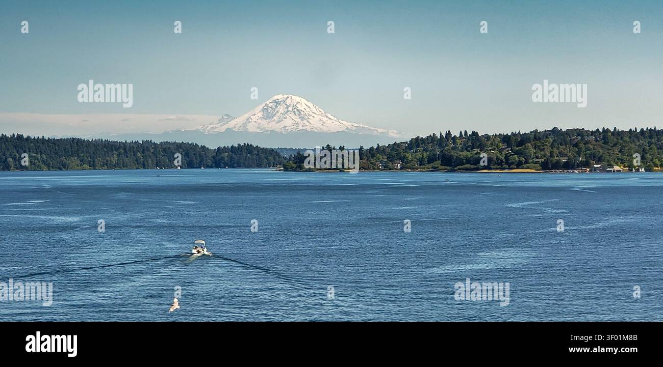 Mount Rainier (Tahoma) überragt den Lake Washington mit einem Freizeitboot an einem klaren Sommertag im Bundesstaat Washington, USA Stockfoto