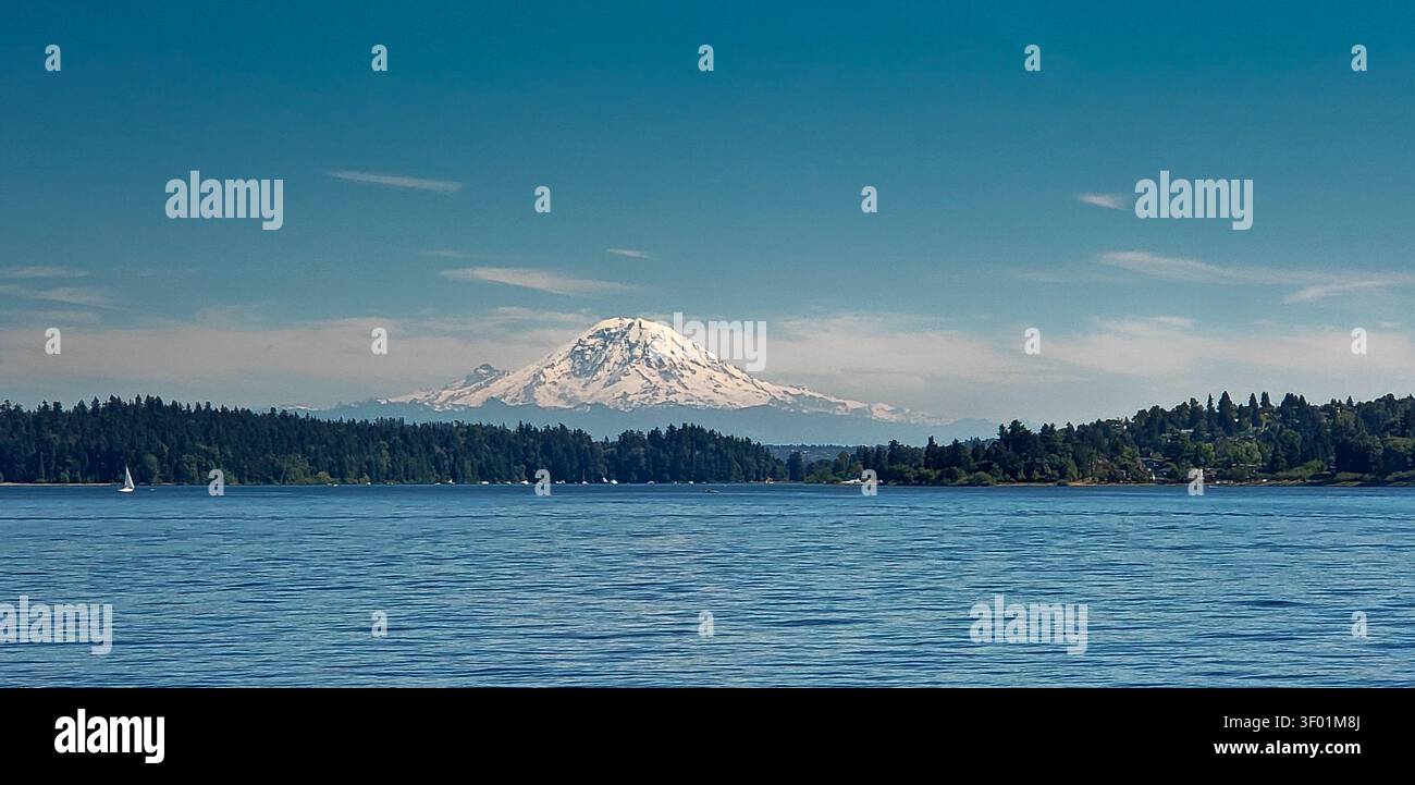 Mount Rainier (Tahoma) an einem klaren Sommertag über den Lake Washington im Bundesstaat Washington, USA Stockfoto