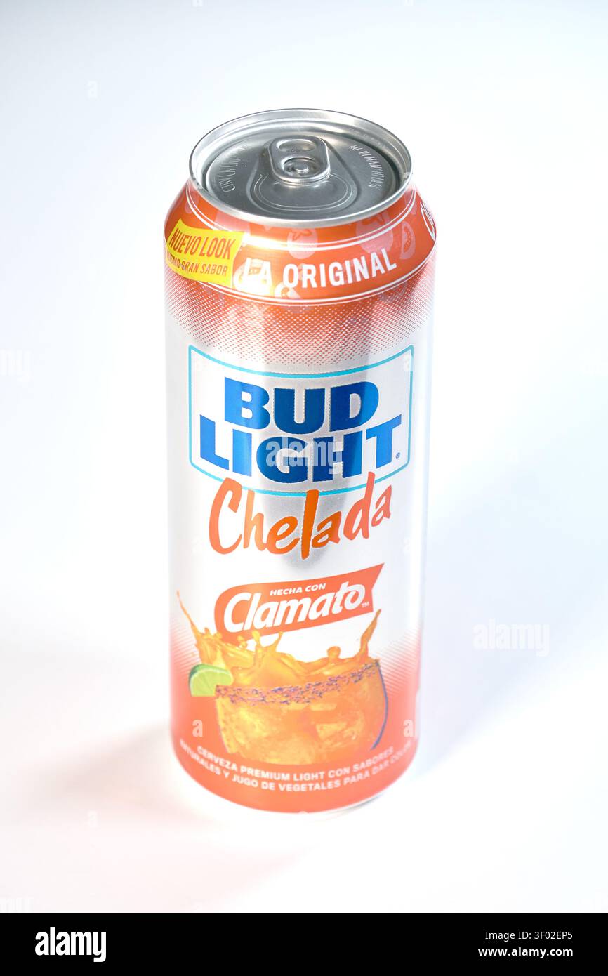 DALLAS, TX, USA - 16. FEBRUAR 2024: Eine Dose Bud Light Chelada aus Clamato in Orange und Silber mit prominenter Marke lo Stockfoto