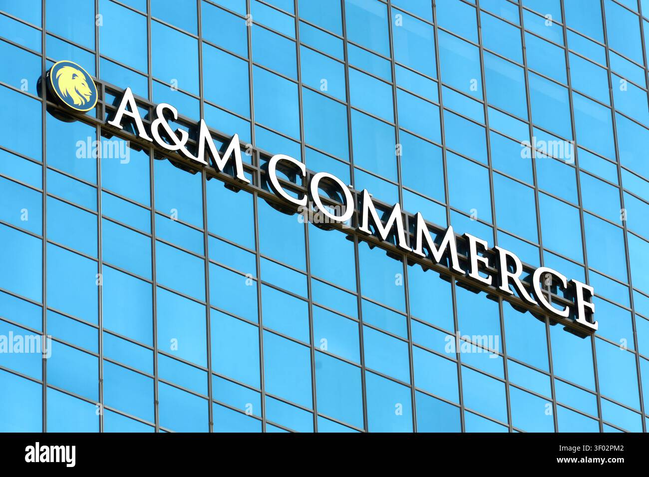 DALLAS, TX, USA – 16. FEBRUAR 2024: Das AandM Commerce Logo ist an der Seite eines Glasgebäudes sichtbar. Das Logo zeigt die Firma n Stockfoto