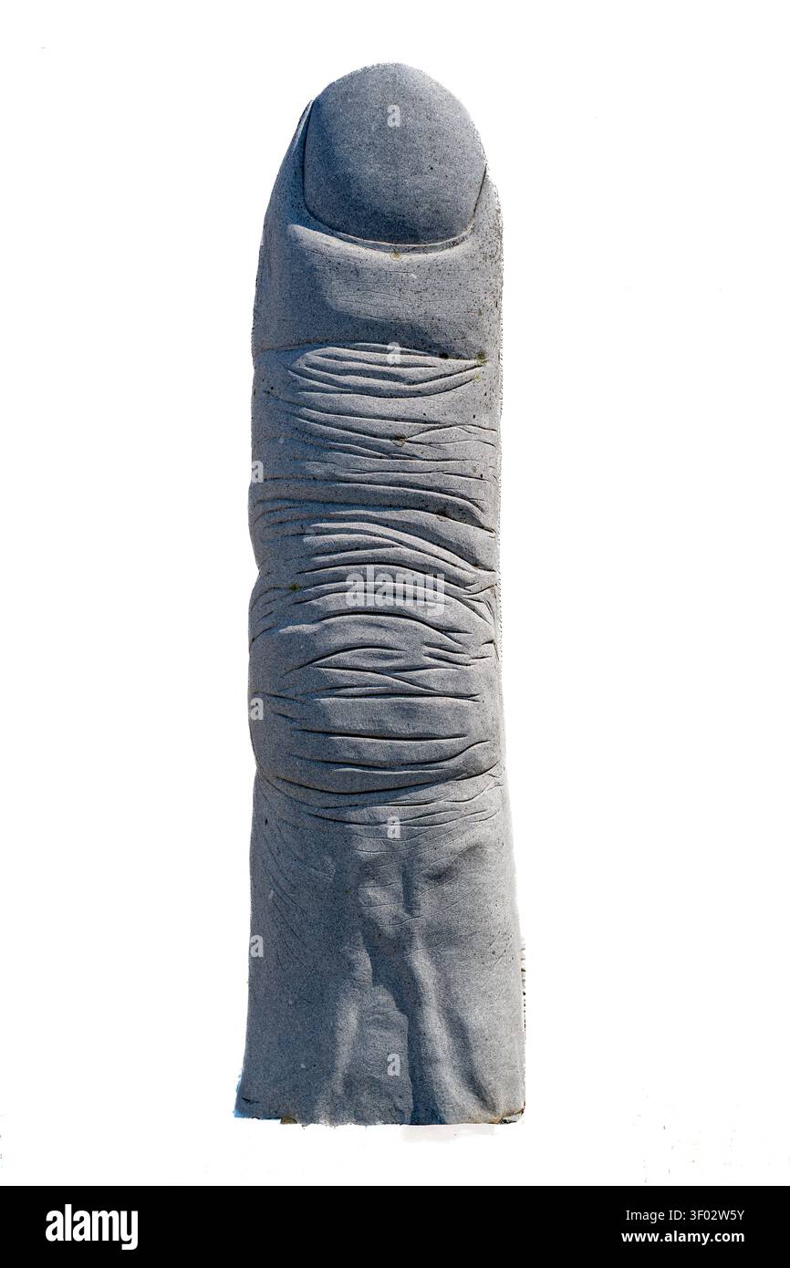 Zeigefinger. Zementgegenstand mit Nagel. Stockfoto