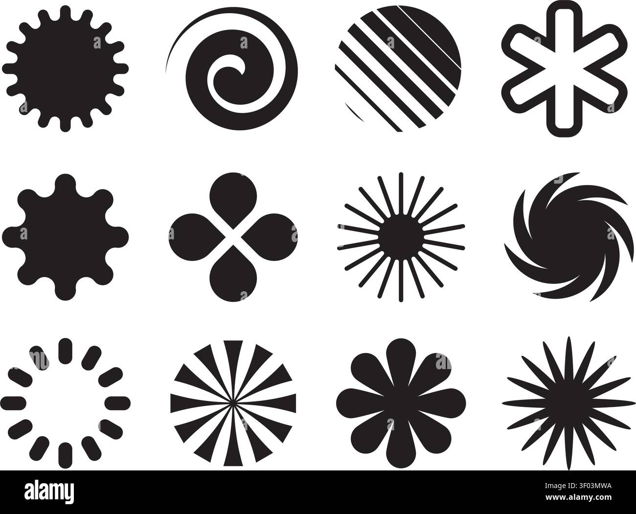 Eine Sammlung von zwölf minimalen schwarzen Vektorsymbolen mit geometrischen Starbursten, Spiralen, Blumen und abstrakten Formen. Stock Vektor