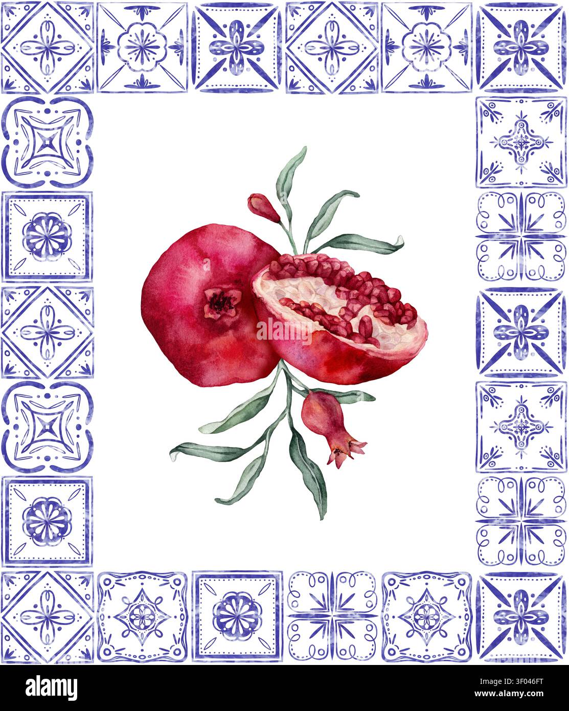 Rechteckiger Rahmen aus traditionellen portugiesischen Azulejo-Fliesen und Granatapfelbranche. Mediterrane, spanische Keramiktradition. Handgezeichnetes Aquarell Stockfoto