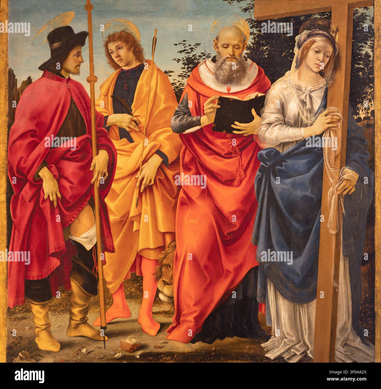 LUCCA, ITALIEN - 23. JUNI 2026: Das Renaissance-Gemälde von St. roch, Sebastian, Jerome und Helena - Pala Magrini in der Kirche Chiesa di San Michele Stockfoto