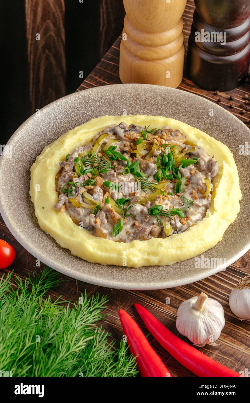 Rinderstroganoff mit Kartoffelpüree und Gurken Stockfoto
