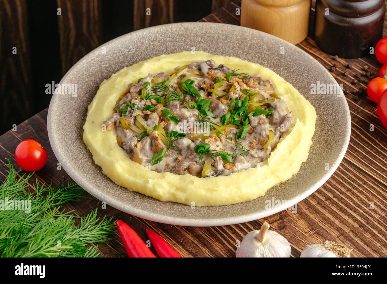 Eintopf mit Rindfleisch und Pilzen in einer Kartoffelpüree Stockfoto
