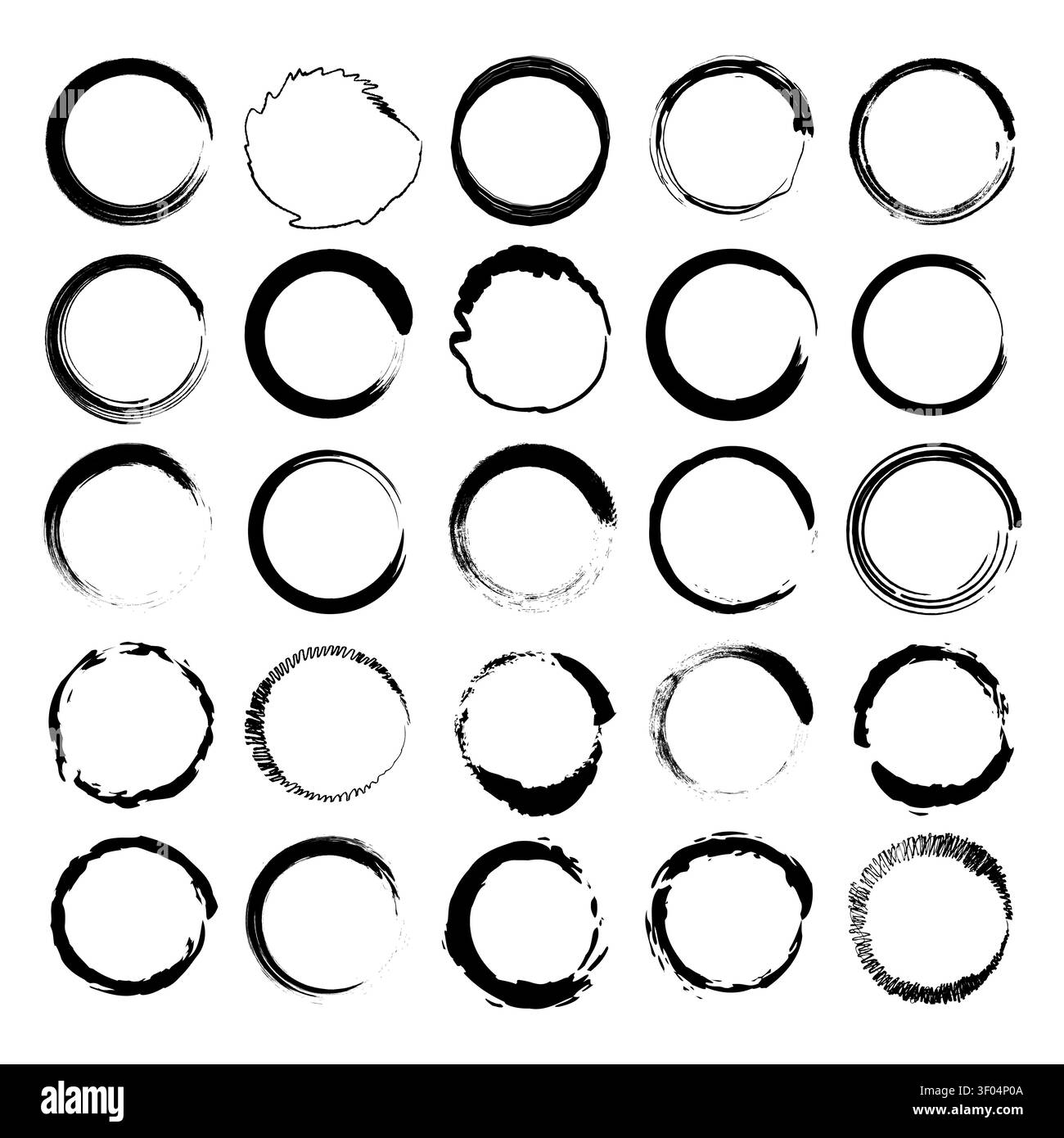 Kreis Ring Pinselstrichsatz Schwarze Vektorform weist raue Texturen auf. Die Sammlung der Distress Geometrieelemente visualisiert abstrakte Frames. Stock Vektor