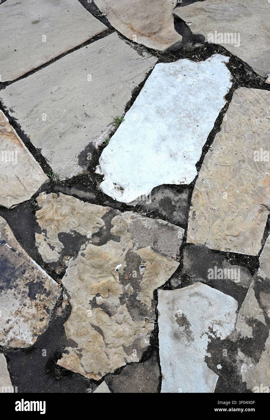 Vertikale Nahaufnahme einer flachen Schieferplattenoberfläche, mit schwarzem Schmutz, der zwischen braunen, grauen und weißen Schieferstücken verstreut ist Stockfoto