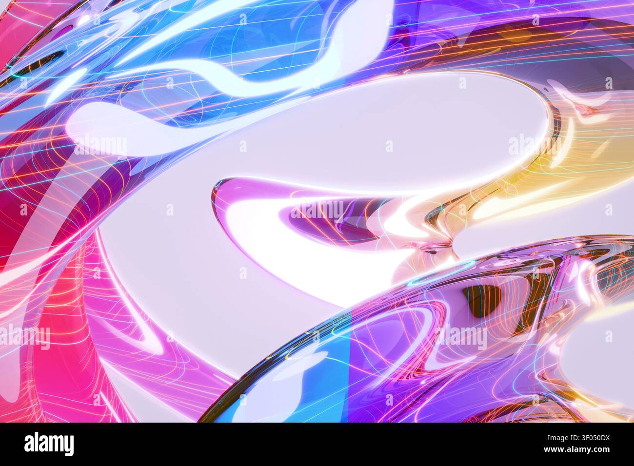 Futuristischer 3D-Abstract gekrümmter, leuchtender Glasstrukturen. Mit neonrosa, blauen und goldenen Wirbeln mit komplexen internen Reflexen auf einem sauberen weiß Stockfoto