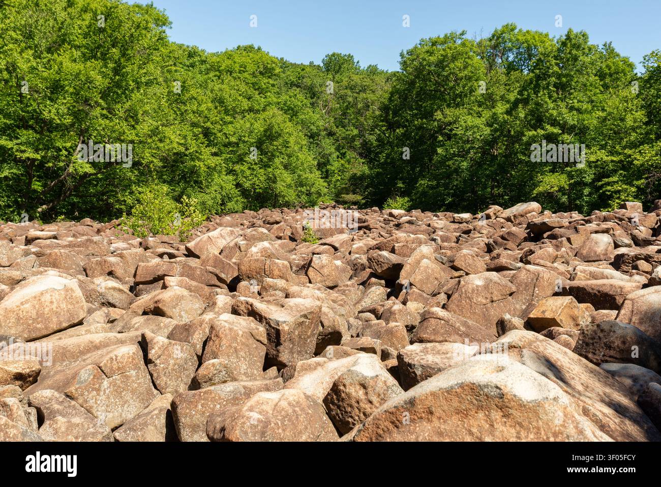Das Ringing Rocks Boulder Field im Ringing Rocks County Park im Bucks County, Pennsylvania. Stockfoto