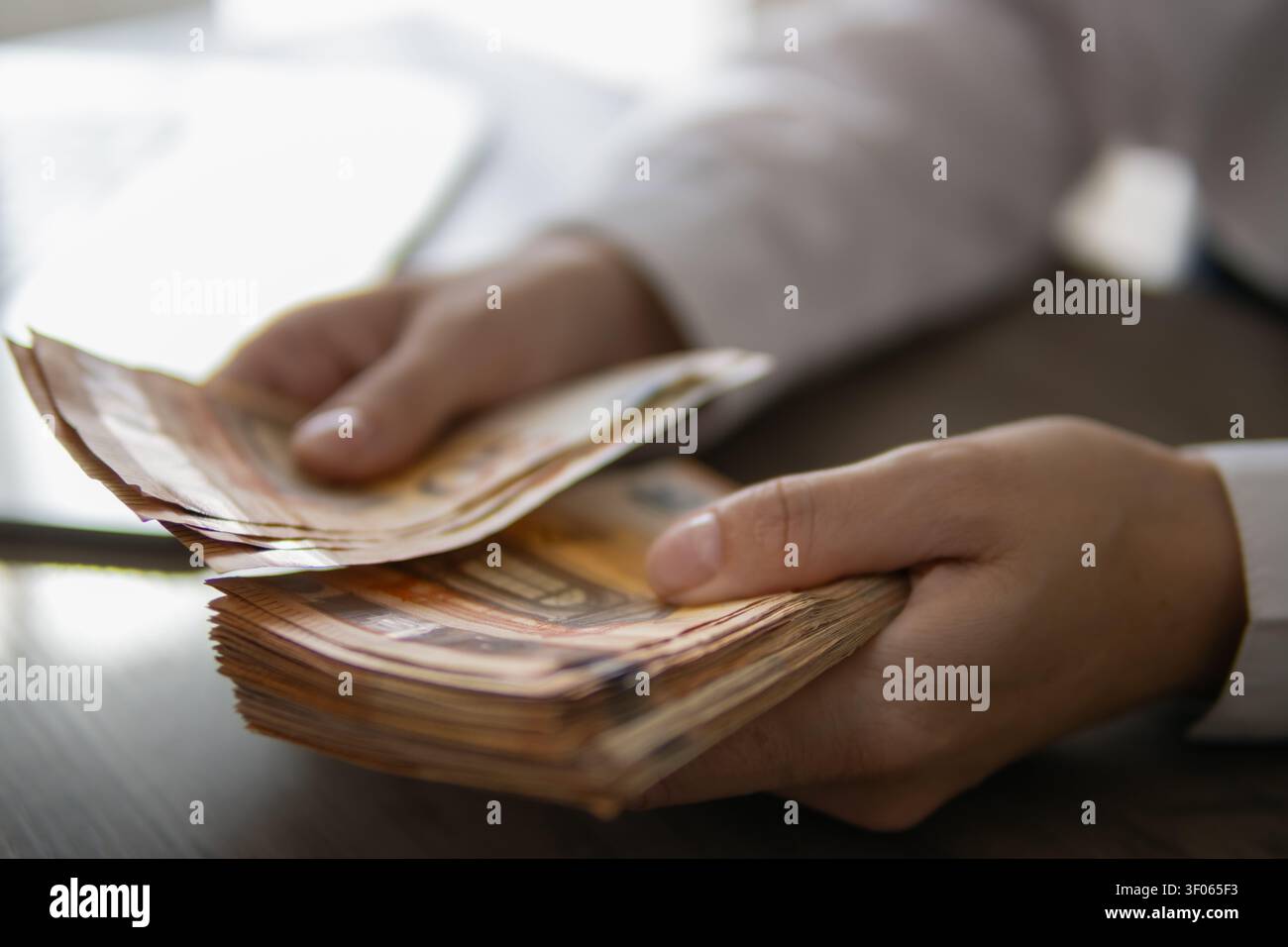 Personen zählen einen Stapel von 50 Euro-Banknoten, verwalten persönliche Finanzen, Budgetieren von Ausgaben, Erhalten von Einnahmen oder Zahlungen mit Bargeld Stockfoto