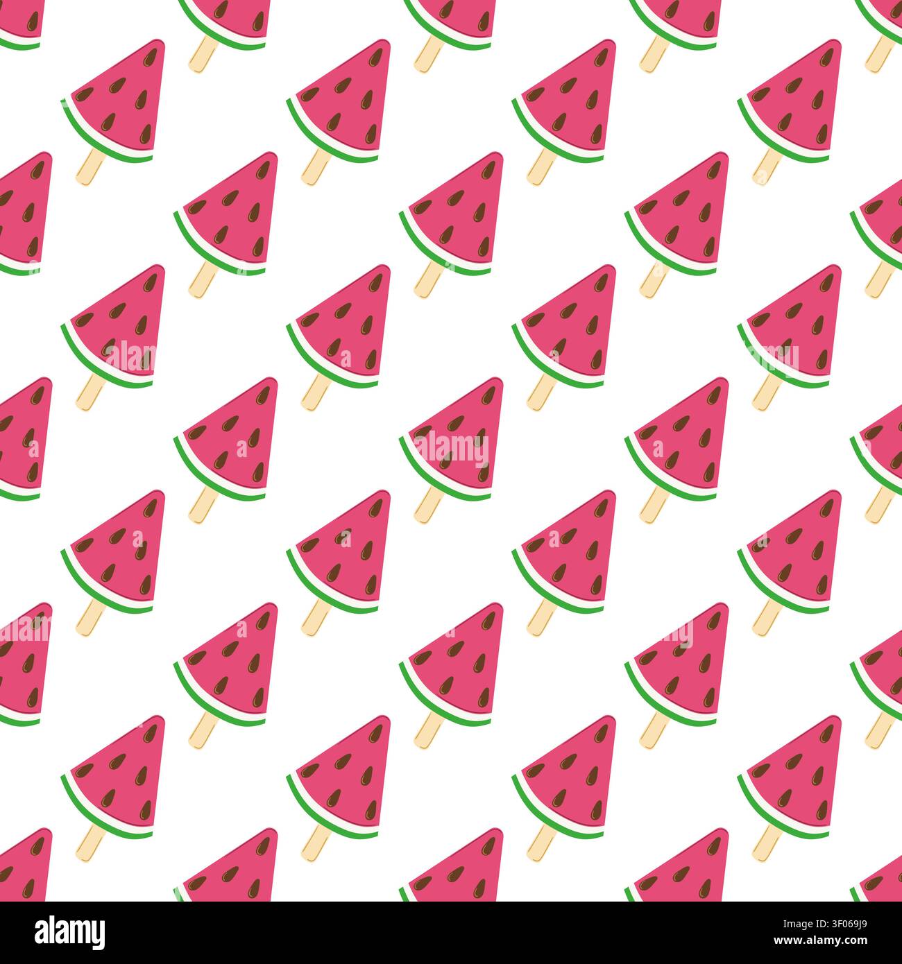 Nahtloses Muster mit Wassermelonen-Eisscheiben auf Sticks. Minimalistische flache Vektor-Illustration, leuchtende Rosa- und Grüntöne. Perfekt für Summen Stock Vektor