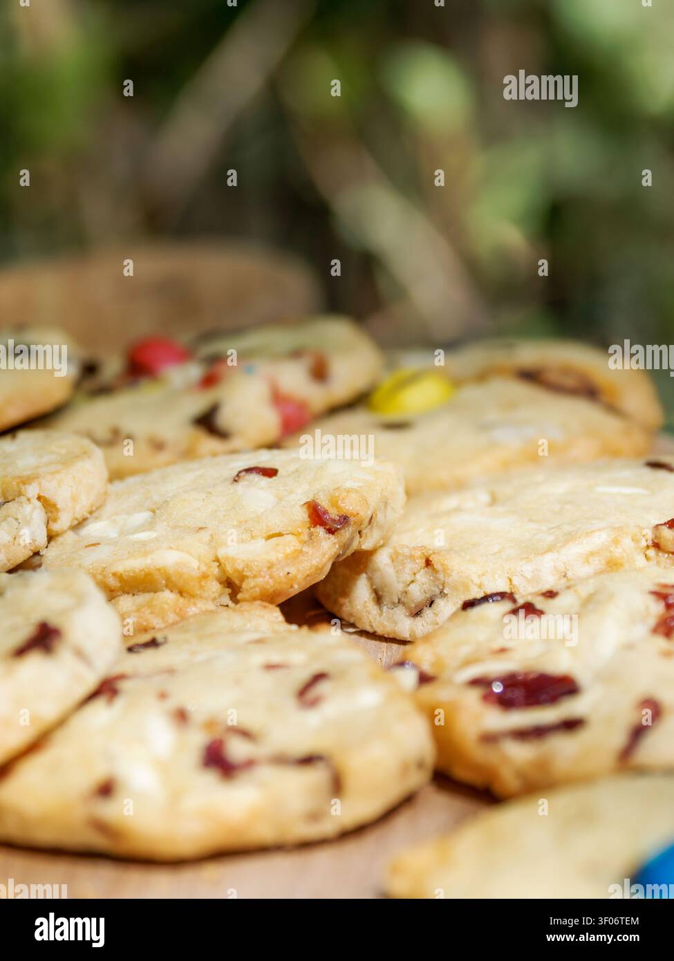 Verschiedene hausgemachte Kekse mit Schokoladenstückchen, Trockenfrüchten und bunten Süßigkeiten Stockfoto