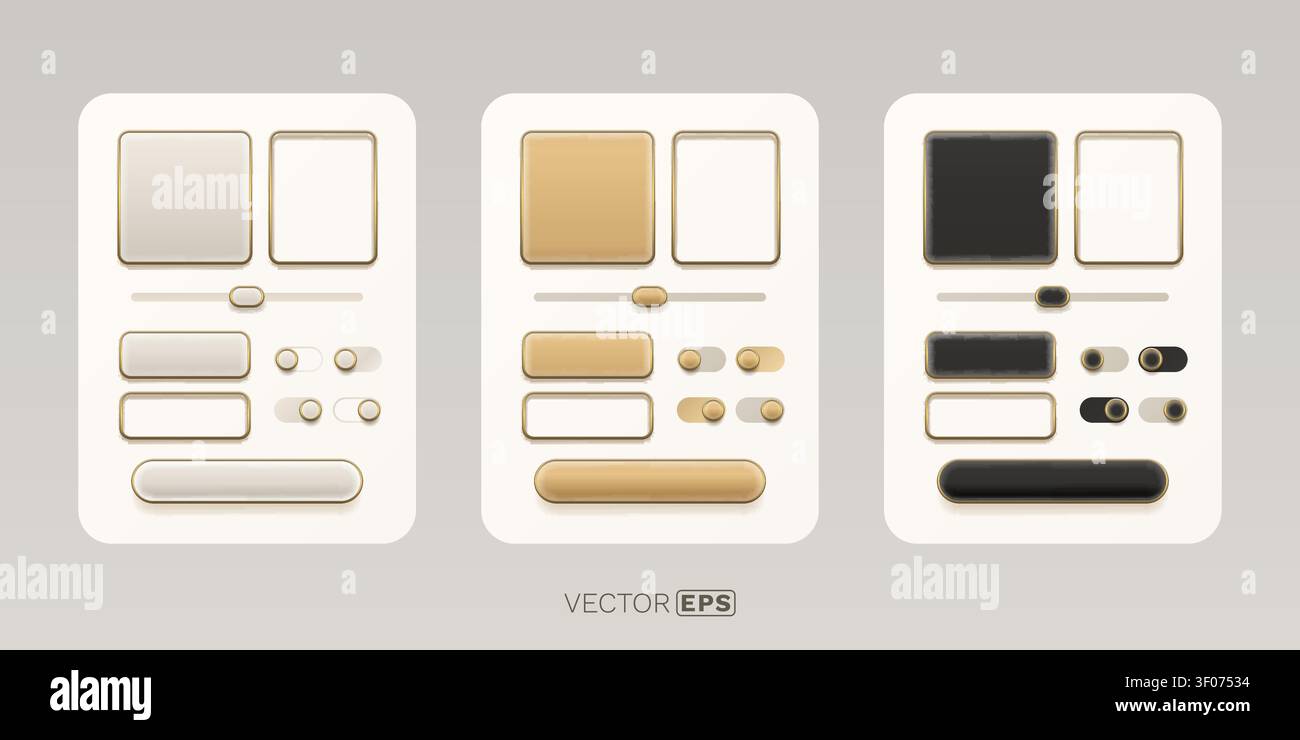Elegantes, pneumorphes UI-Element-Kit mit goldenen Akzenten für modernes App- und Webdesign. Vektorabbildung Stock Vektor