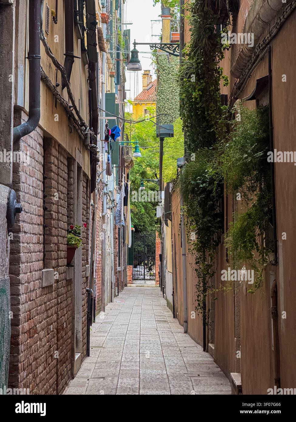Schmale Gasse in Venedig mit Ziegelmauern und Straßenlaternen Stockfoto