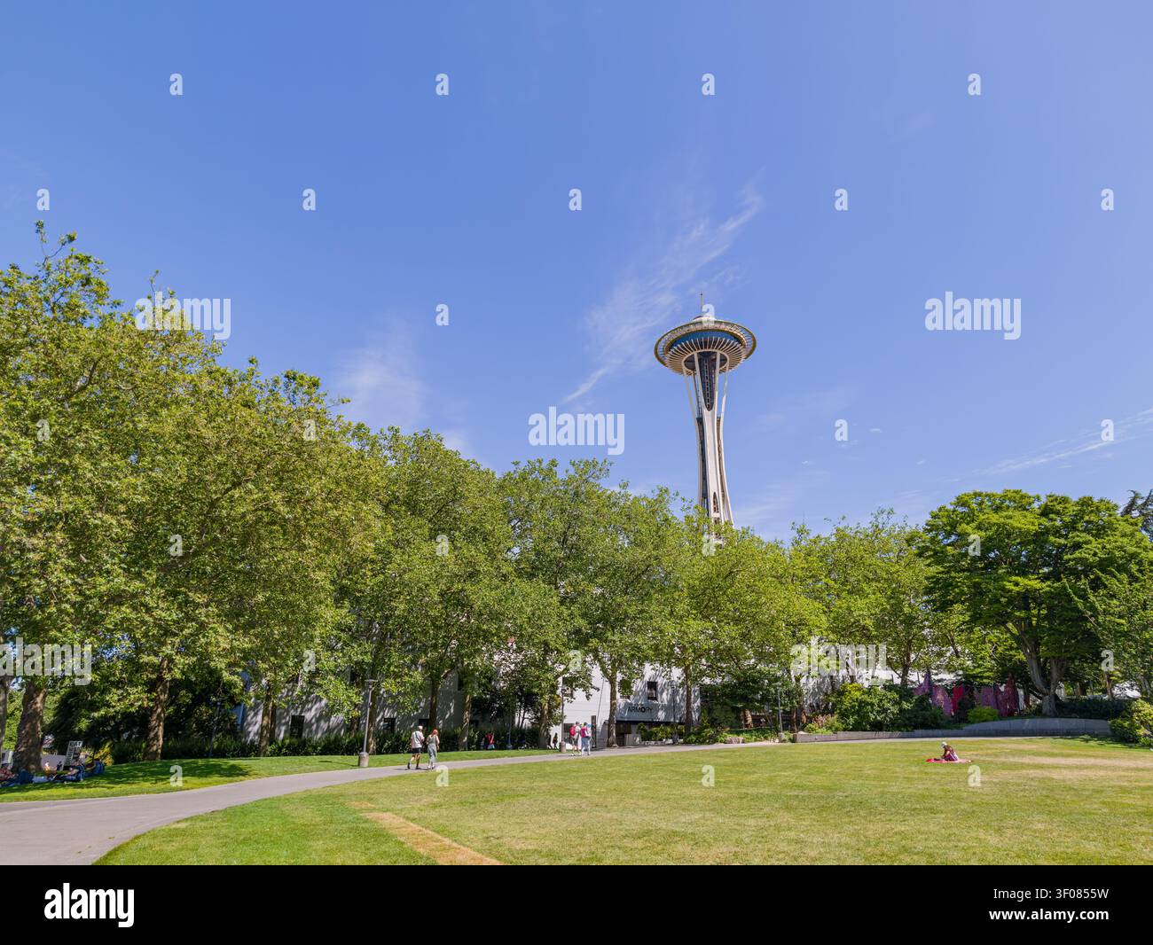 Washington State, 21. Juni 2026 - die Space Needle erhebt sich über grünen Parkbäumen und Rasen in Seattle, Washington, unter einem klaren blauen Himmel. Stockfoto