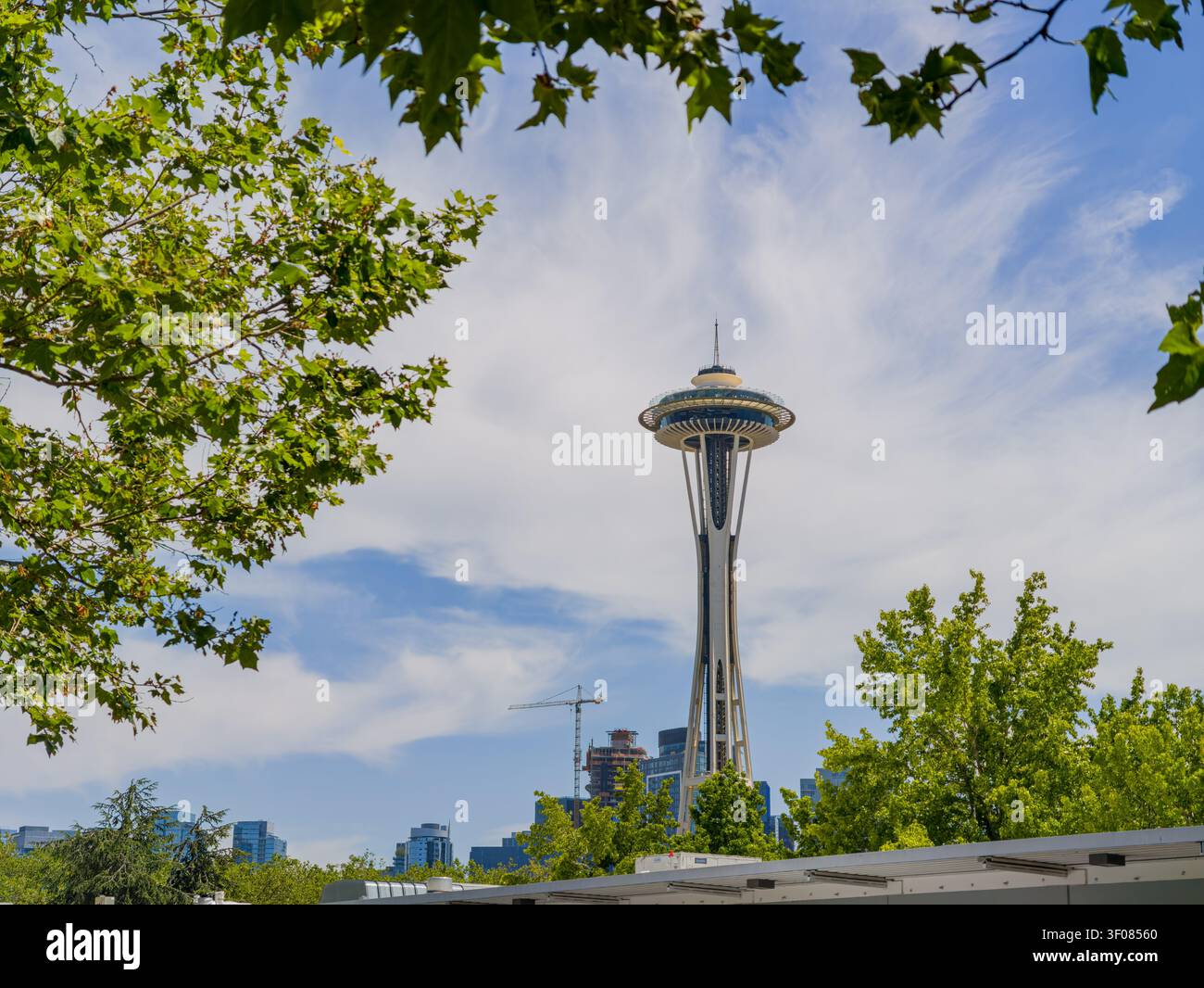 Washington State, 21. Juni 2026 - die legendäre Space Needle steht in Seattle, Washington, umgeben von üppig grünen Ästen und einem hellblauen Blau Stockfoto