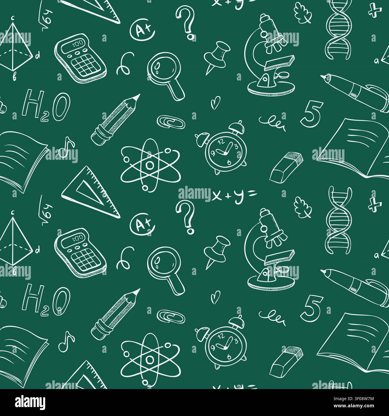 Nahtloses Schulmuster mit handgezeichneten Doodle-Illustrationen. Grüner Hintergrund mit Bildsymbolen im Skizzenstil. Vektor. Stock Vektor