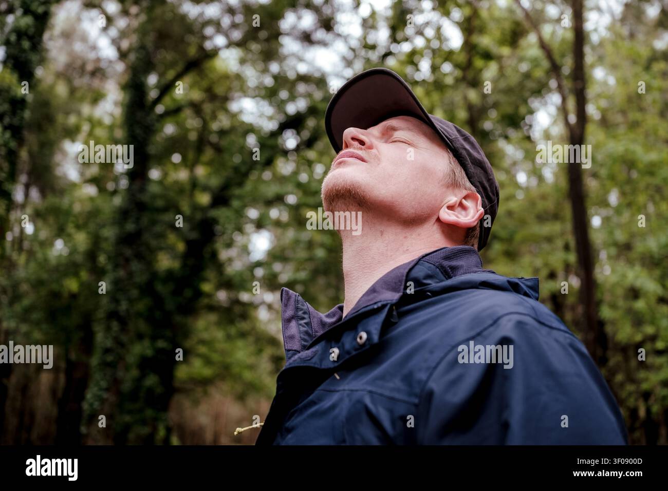 Mann genießt die Natur, atmet tief durch und fühlt sich entspannt in einem üppigen Wald Stockfoto