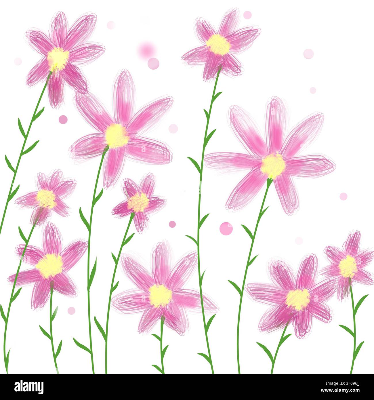 Handgezeichnete Illustration von rosa und magentafarbenen Wildblumen mit gelben Mittelpunkten und grünen Stängeln, im Aquarell-inspirierten Texturstil. Stockfoto