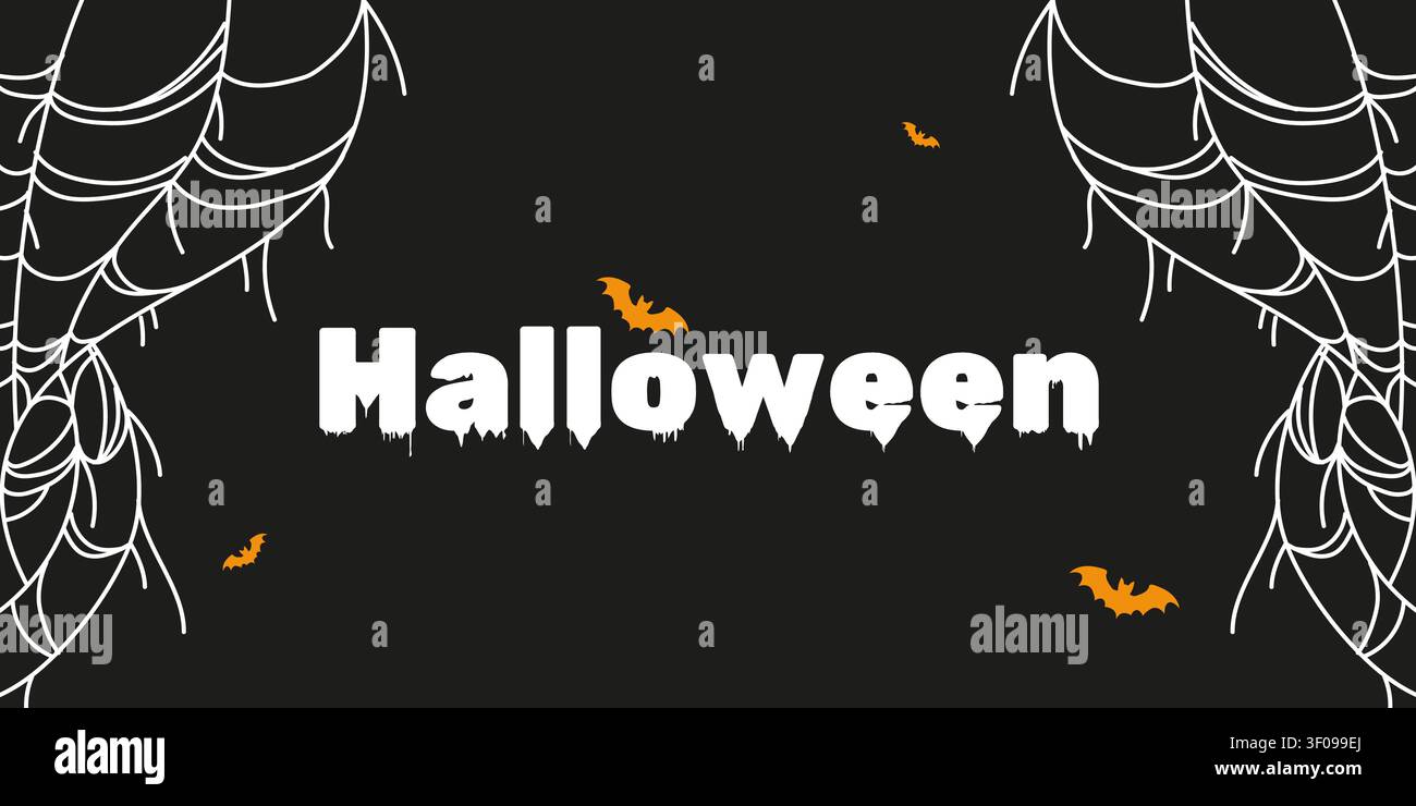 Gruseliges Halloween-Design mit tropfendem weißen Schriftzug, Spinnweben und fliegenden Fledermäusen auf dunklem Hintergrund Stock Vektor