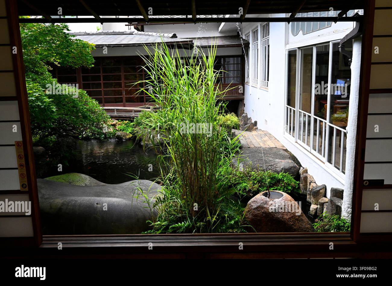 Blick durch ein traditionelles japanisches Zimmer mit Ausblick auf den Innenhofgarten des Asakura Skulpturenmuseums (Asakura Choso Museum), den ehemaligen Wohnort Stockfoto