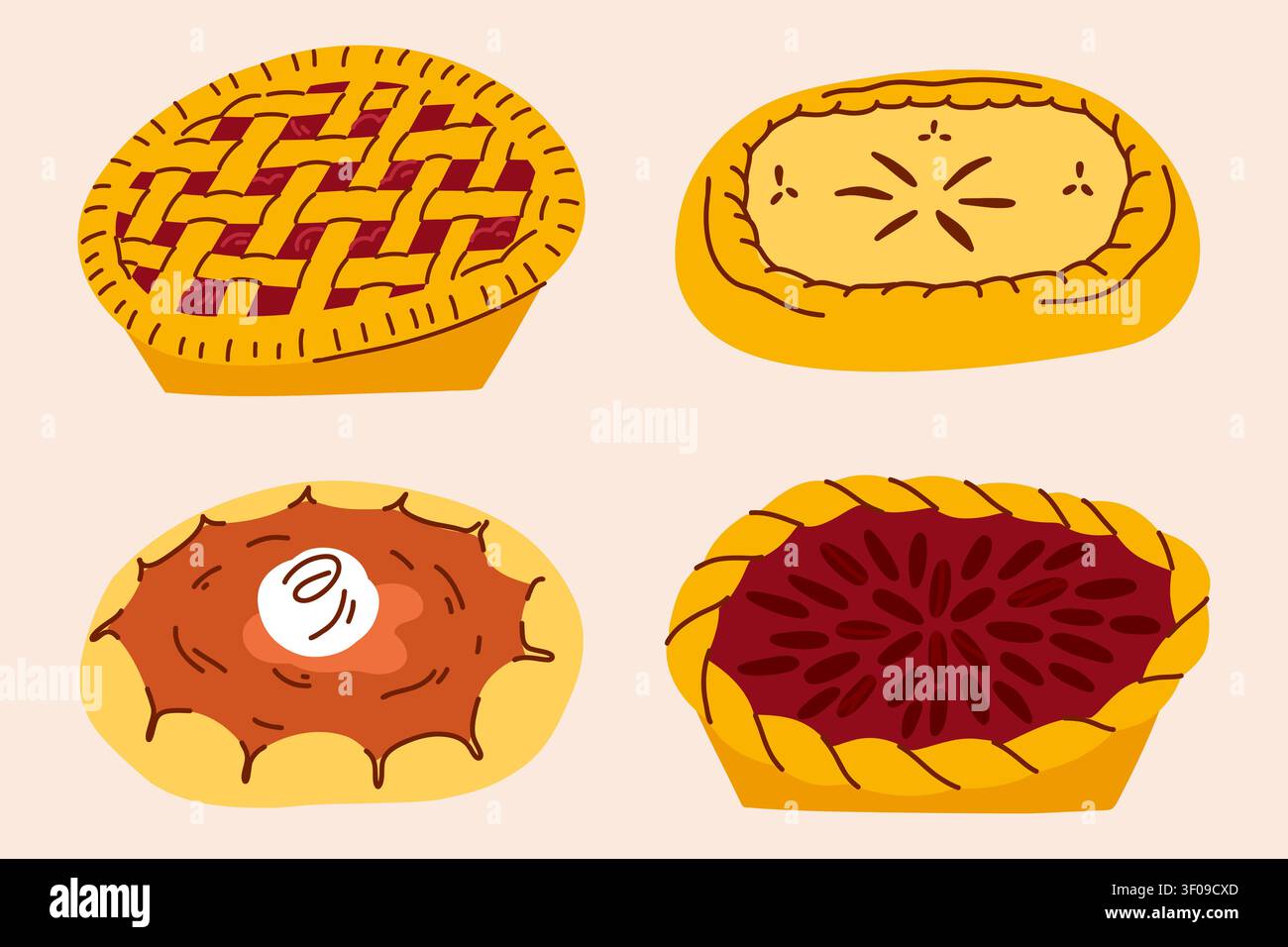 Handgezeichnete Hausgemachte Kuchenkollektion mit Gitterkuchen, Beerenkuchen und Hüttenkäsegebäck, Gemütliche Bäckereillustration im Flachstil Stock Vektor