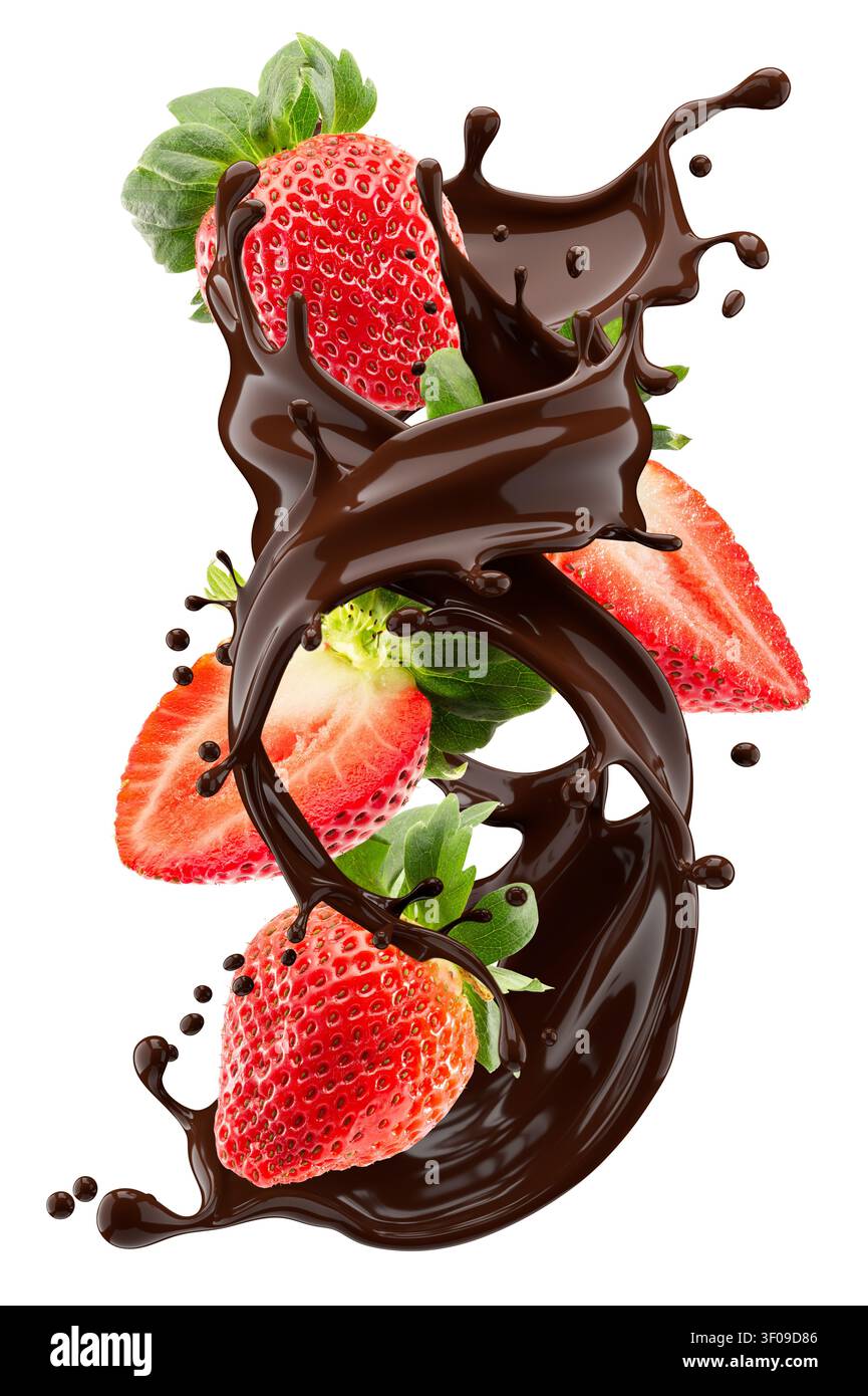 Lassen Sie sich von der visuellen Pracht reifer, saftiger Erdbeeren verzaubern, die sich inmitten eines üppigen, wirbelnden Stroms dunkler Schokolade tummeln. Dieses fesselnde Bild zeigt Stockfoto