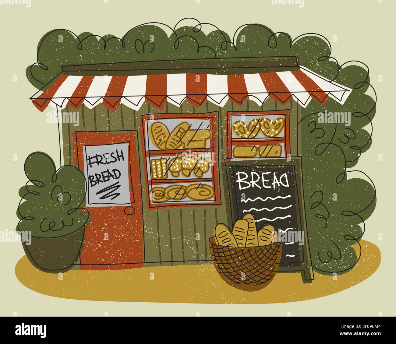 Gemütliche Bäckerei Storefront flache Illustration mit frischem Brot, handwerklichem Gebäck, gestreiftem Markise, Korb, Menübrett und dekorativen Pflanzen für Bäckerei Marke Stock Vektor