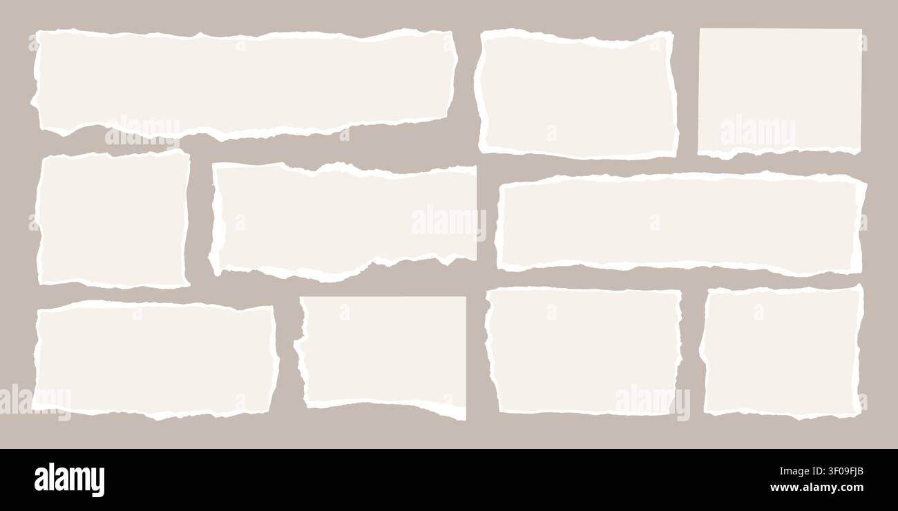 Gerissene Papierstücke mit gezackten Kanten bilden auffällige Design Element Vektor Illustration Set. Stock Vektor