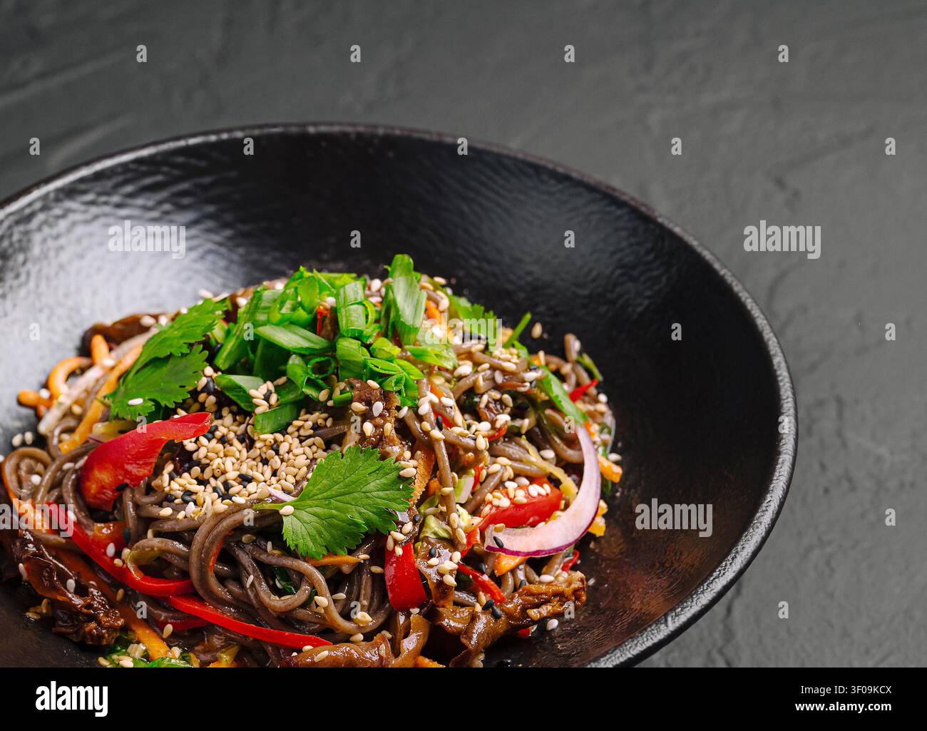 Soba Nudel Rührbraten mit gesunder asiatischer Buchweizen-Pasta mit frischem Gemüse Stockfoto