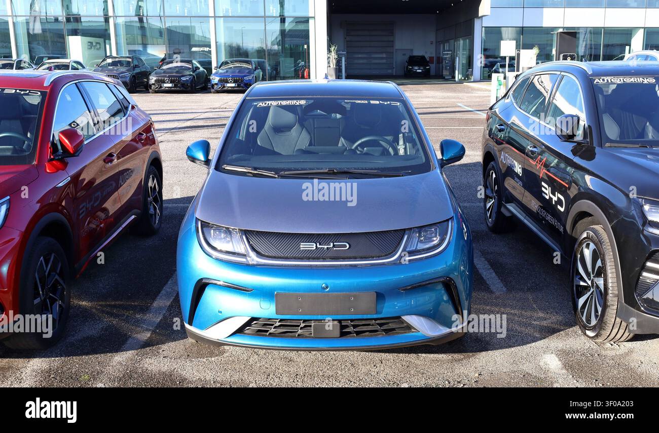 Udine, Italien. 2. Februar 2025. BYD Dolphin, vollelektrisches Stadtauto, vor dem offiziellen Händler des chinesischen EV-Fahrzeug-Herstellers. Stockfoto