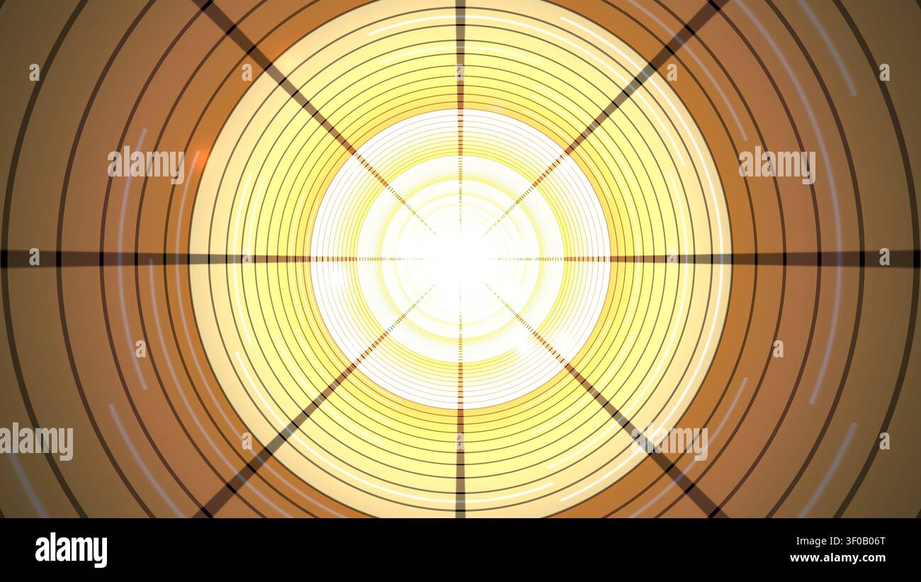 Ein helles kreisförmiges Design zeigt Linien, die von einer zentralen Lichtquelle ausgehen. Das Muster besteht aus konzentrischen Kreisen, die mit warmen Farben gefüllt sind, die Stockfoto