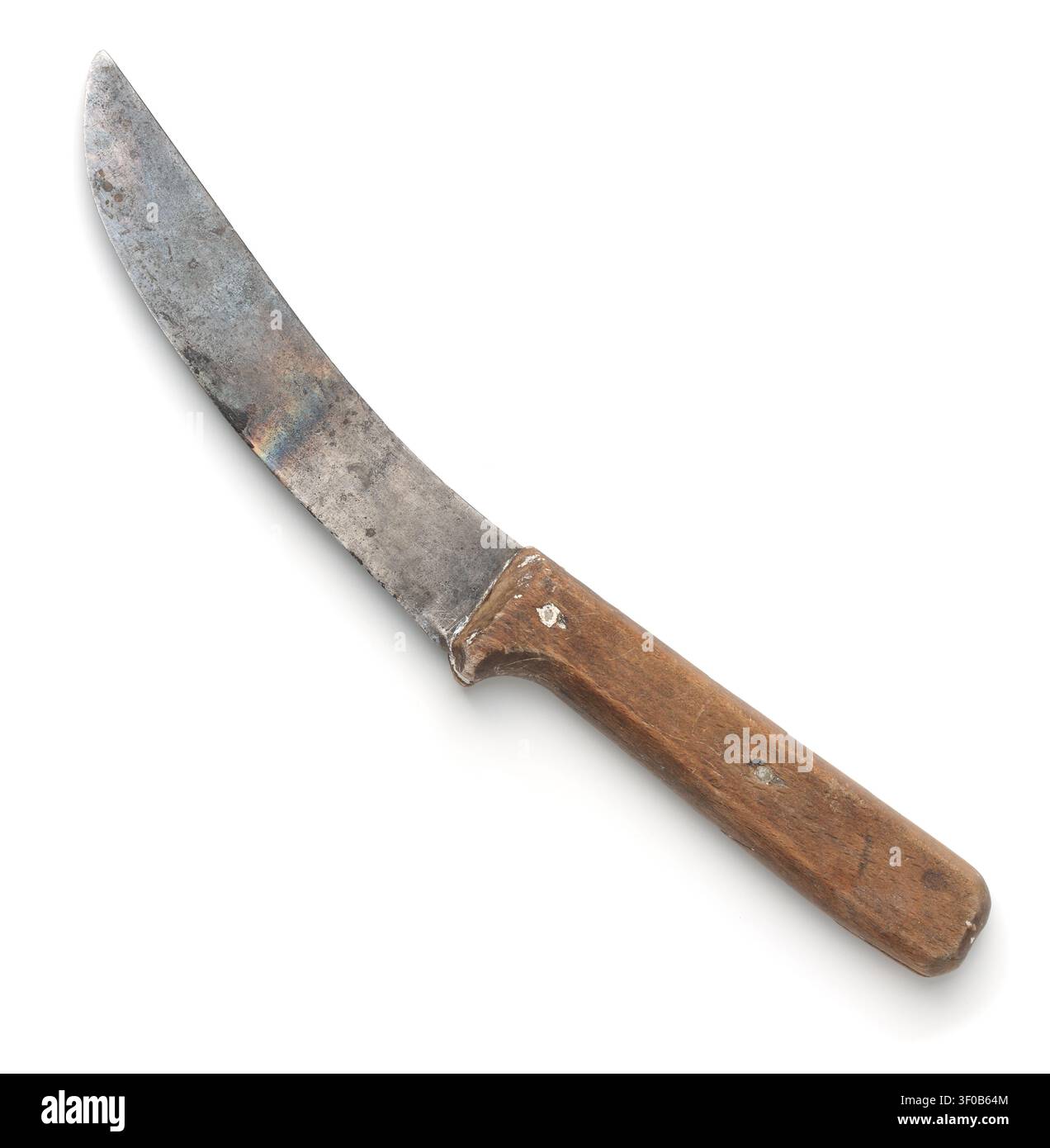Oberansicht eines alten Küchenmessers mit Holzgriff, isoliert auf Weiß Stockfoto