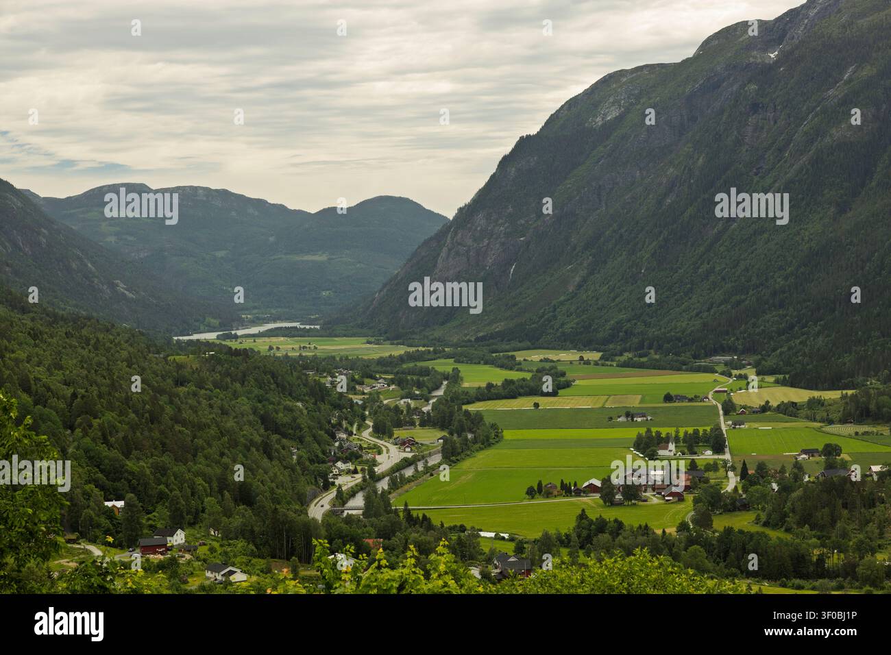 Panoramablick auf ein norwegisches Tal mit grünem Ackerland, verstreuten Häusern und gewundenen Straßen, die von majestätischen bewaldeten Bergen eingerahmt sind Stockfoto