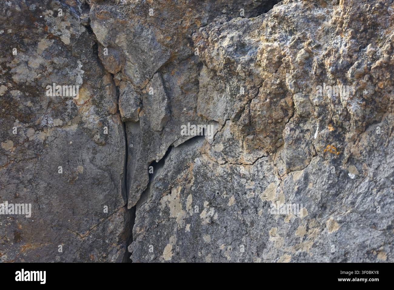 Detaillierte Nahaufnahme eines rissigen Vulkangesteins, das natürliche Texturen, Erosion und geologische Muster zeigt Stockfoto