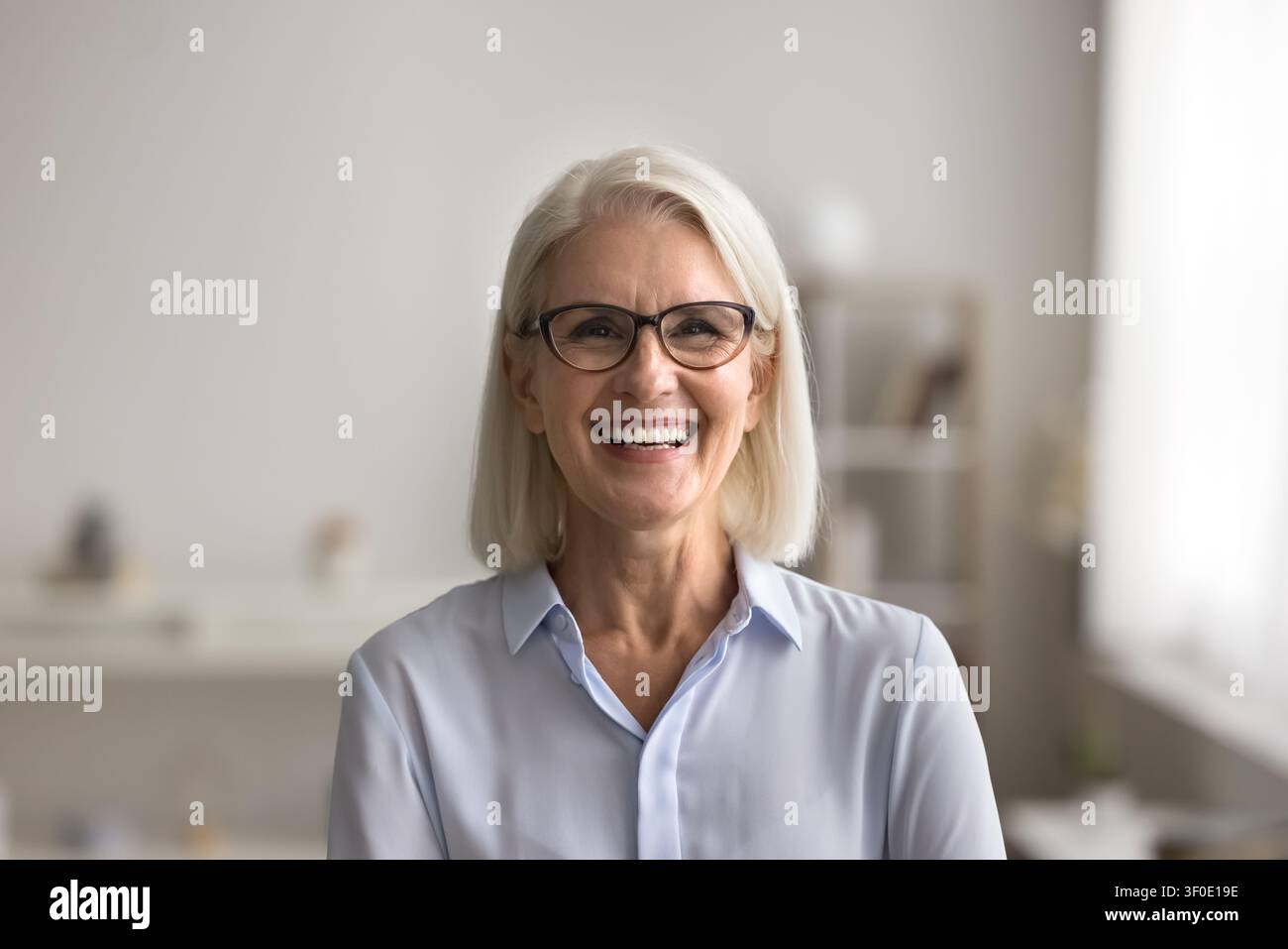 Porträt einer glücklichen, motivierten, attraktiven, reifen Geschäftsfrau mit Brille Stockfoto