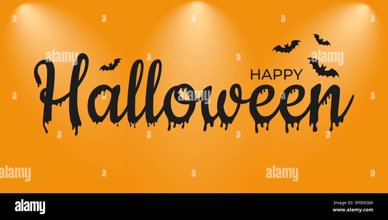 Hellorangenes Halloween-Design mit tropfenden schwarzen Buchstaben Happy Halloween und fliegenden Fledermäusen Stock Vektor