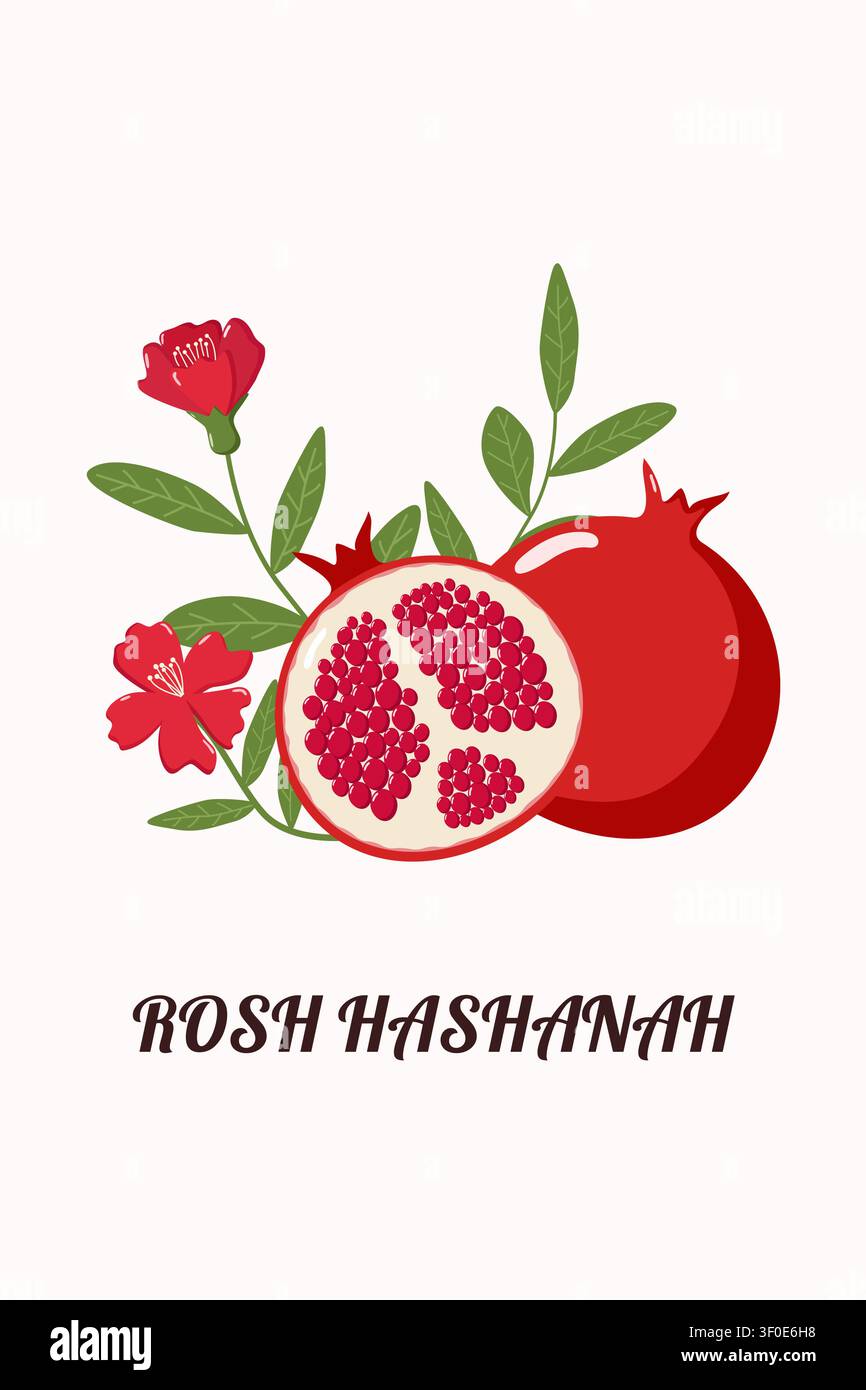 Rosh-Hashanah-Design mit Granatapfel, Blumen und Blättern, mit festlicher Textdarstellung Stock Vektor