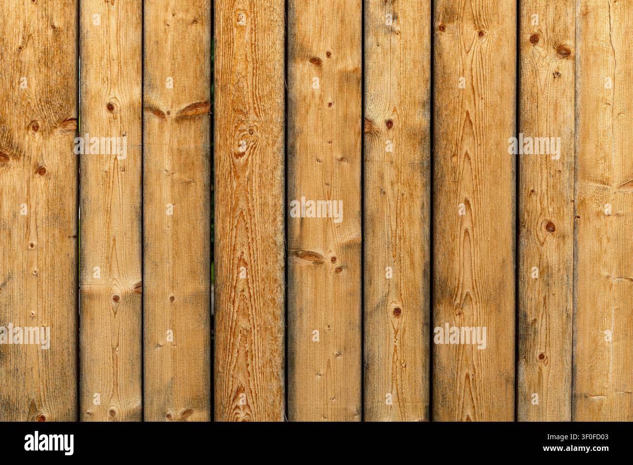 Vertikale Holzplanken-Zauntextur. Vertikale Holzplanken bilden eine warme rustikale Zauntextur mit sichtbaren Astknoten, Maserung, Nähten und goldbraunen Brettern Stockfoto