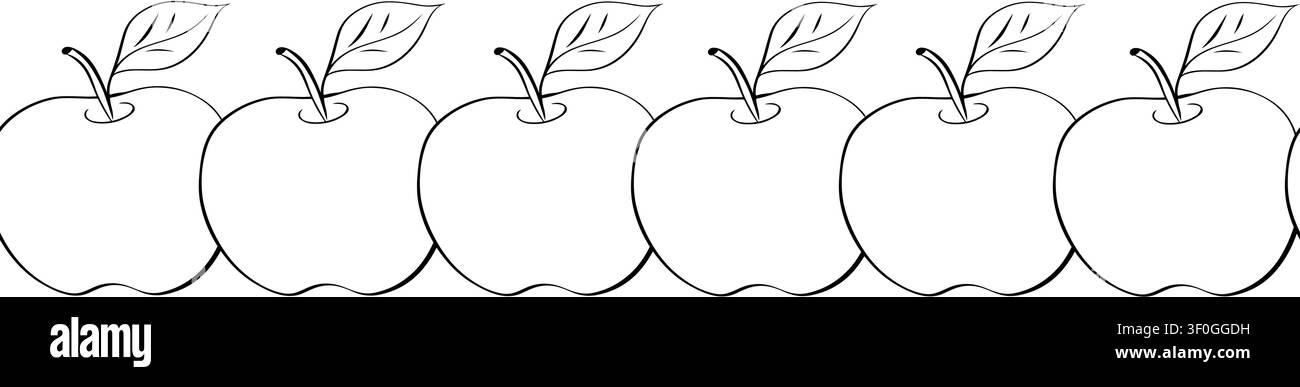 Nahtlose Apfelbordüre Schule horizontal Schwarzweiß handgezeichnete Illustration. Vektor-Grafik-Linien-Tinten-Kunst. Hintergrund für Banner, Druck für Stoff Stock Vektor