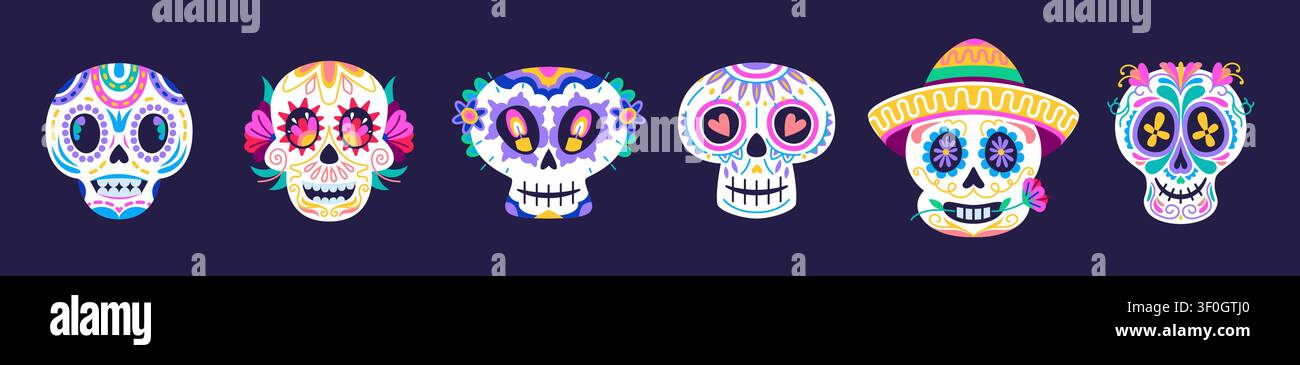 Mexikanisches Tag-des-Todes-Fest calavera-Zuckerschädel. Dia de los Muertos-Feiertagsschädel-Set mit traditionellem Mariachi und Catrina-Calaca-Skelettköpfen zur Feier. Mexiko-Halloween-Schädel-Kunst Stock Vektor