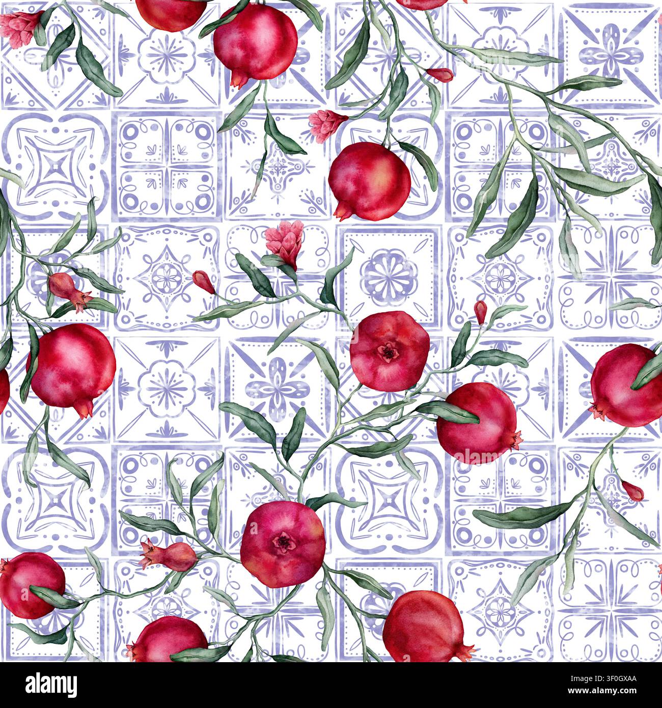 Nahtloses Muster aus portugiesischen Azulejo-Fliesen und Granatapfelbranche. Blaues Mittelmeer, spanische Keramiktraditionen. Handgezeichnetes Aquarell Stockfoto