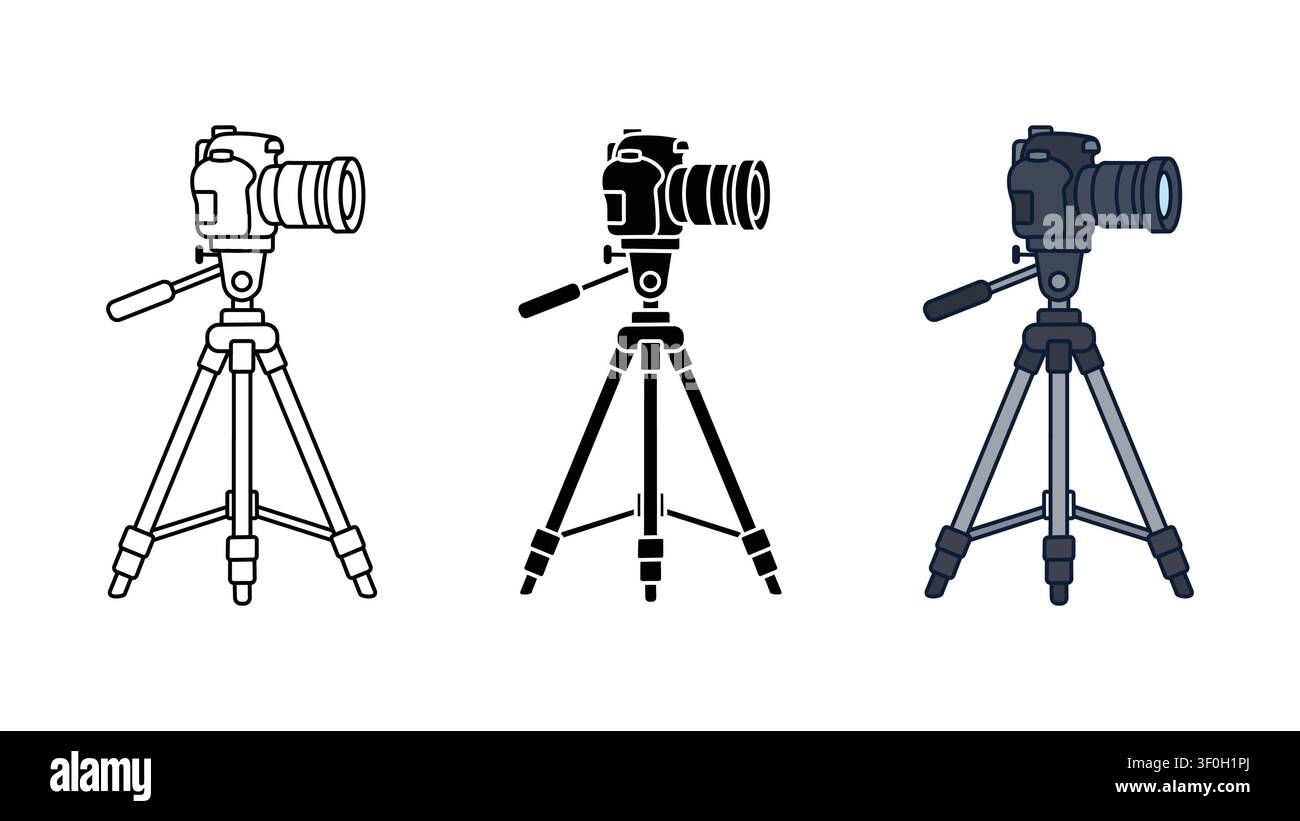 Fotokamera auf Stativ, Symbolset, Umriss-Silhouette und Farbvektor, isoliert auf weißem Hintergrund Stock Vektor